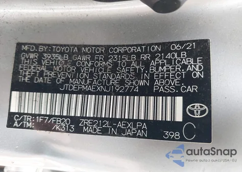 2022 Toyota Corolla Le из США, поврежденный, VIN JTDEPMAEXNJ192774